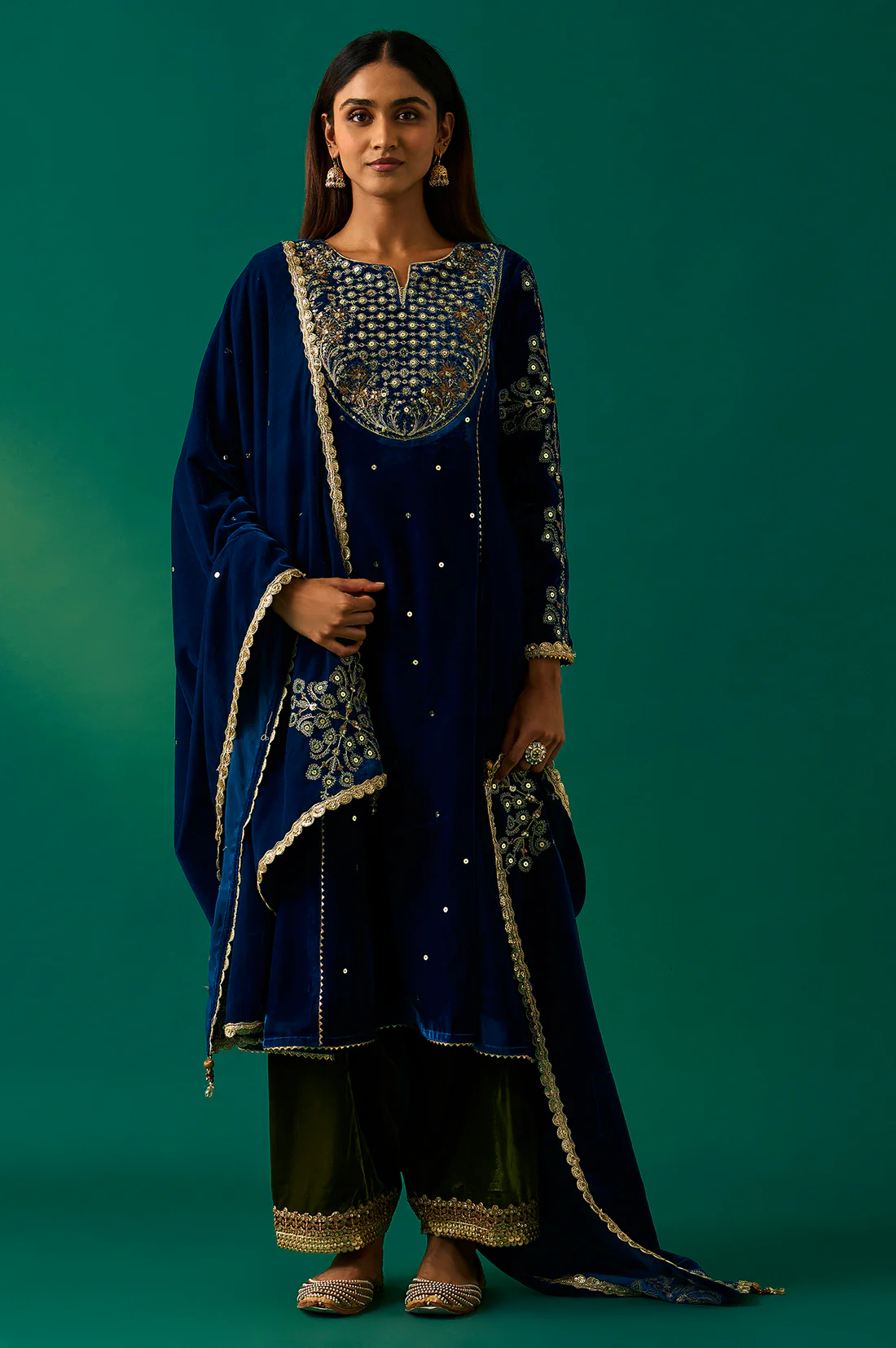 Blue Embroidered Anarkali Velvet Kurta